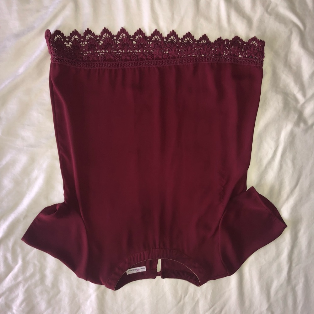 Red silk blouse with lace fringe